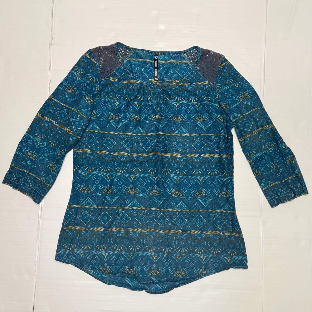 Kuhl Women Blue Organic Cotton Silk Geometric Print Crochet Lace Blouse XS